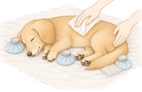 亡くなった犬の体をタオルで清め、お腹や背中に保冷剤をあてて遺体を冷やす処置